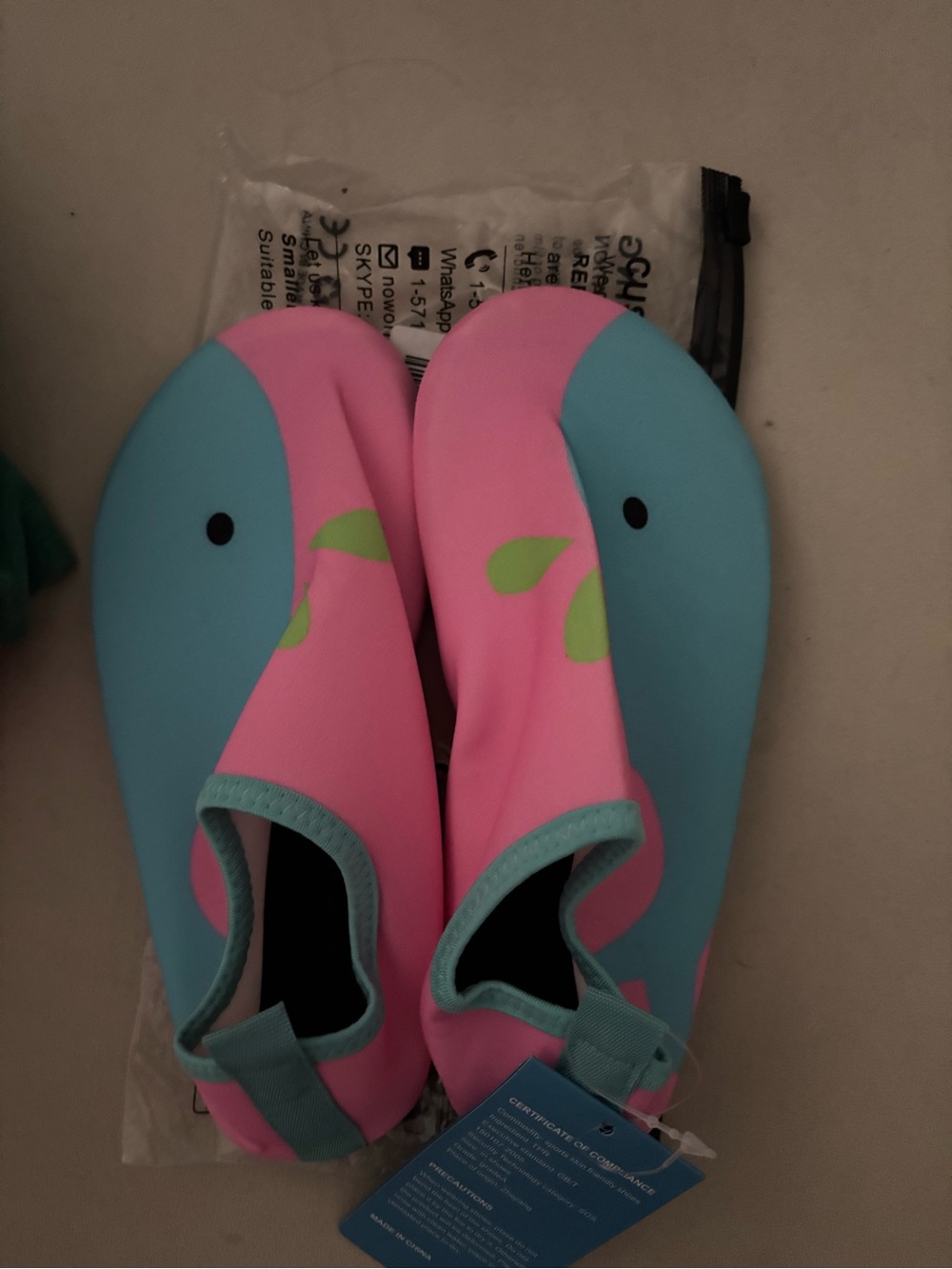 Amazon Kids Pink and Blue Slip-On Swim Shoes with Green Leaf Accents